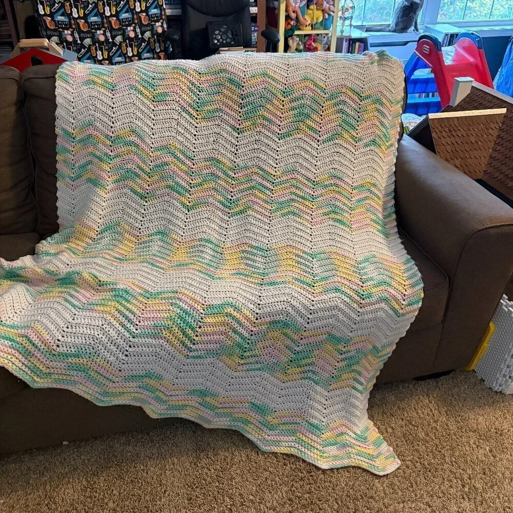 Handmade gender neutral colorful chevron knitted baby blanket